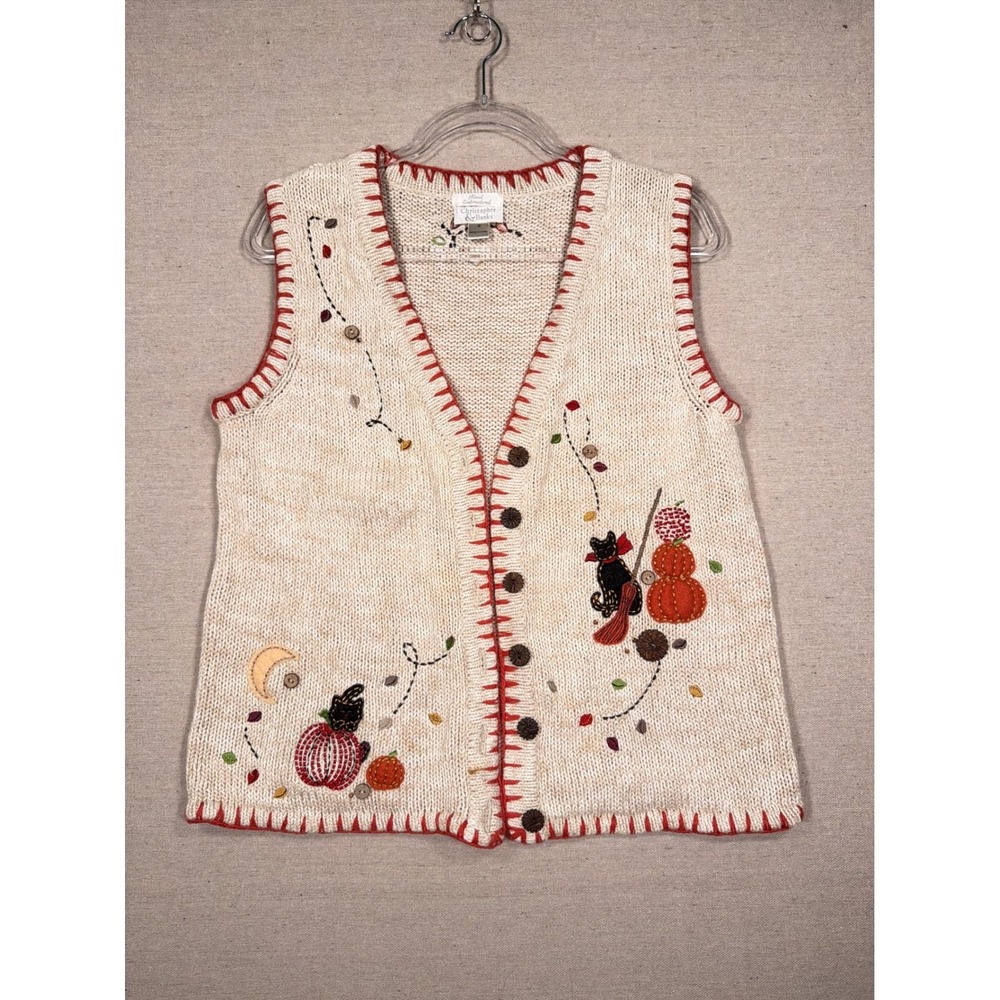 Christopher & Banks Vintage Halloween Cat Pumpkin Embroidered Knit Vest Small - Picture 2 of 8